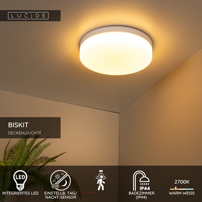 Lucide BISKIT - Deckenleuchte Badezimmer - Ø 34,5 cm - LED - 1x24W 2700K - IP44 - Bewegungssensor - Weiß